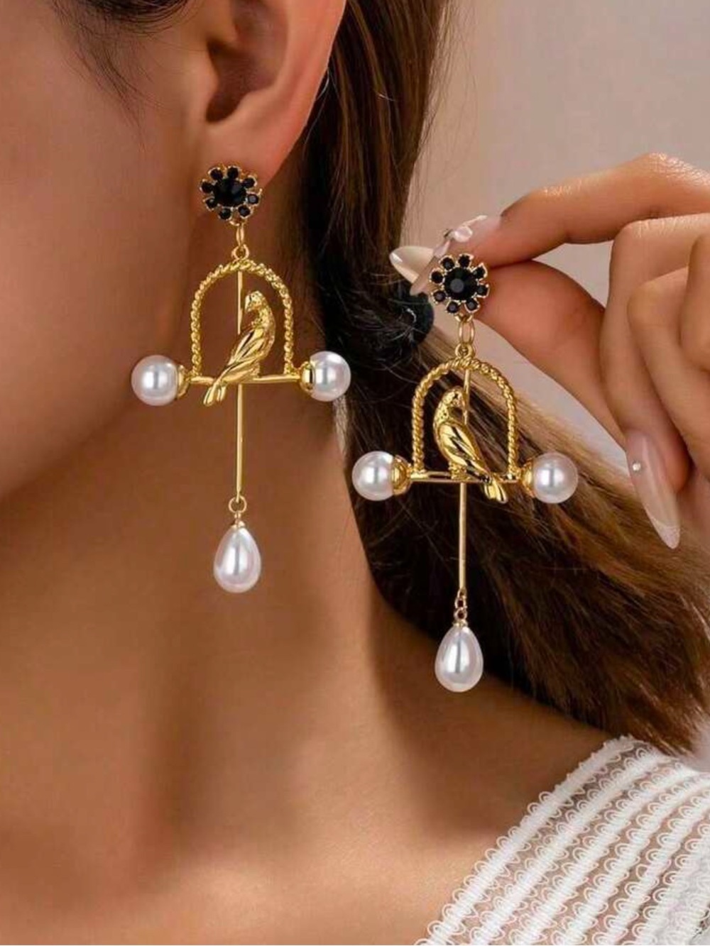 Gold Birdcage Dangle Drop Long Earrings with Faux Pearls
